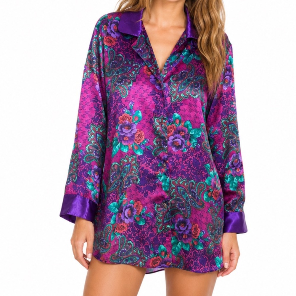 Vintage Victoria’s Secret Satin Night Shirt Gown P/S Floral Paisley Gold Label